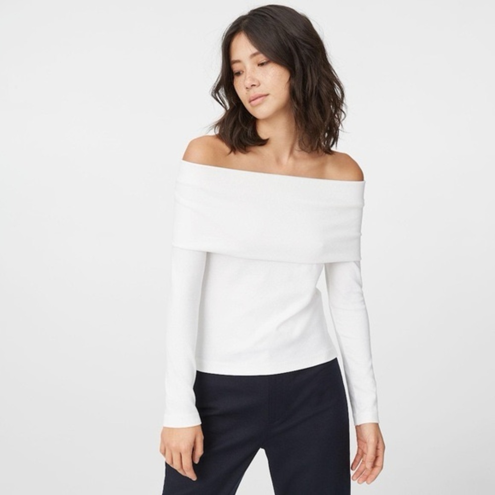 Club Monaco Off-the-Shoulder Fold-Over Knit Sweater in White